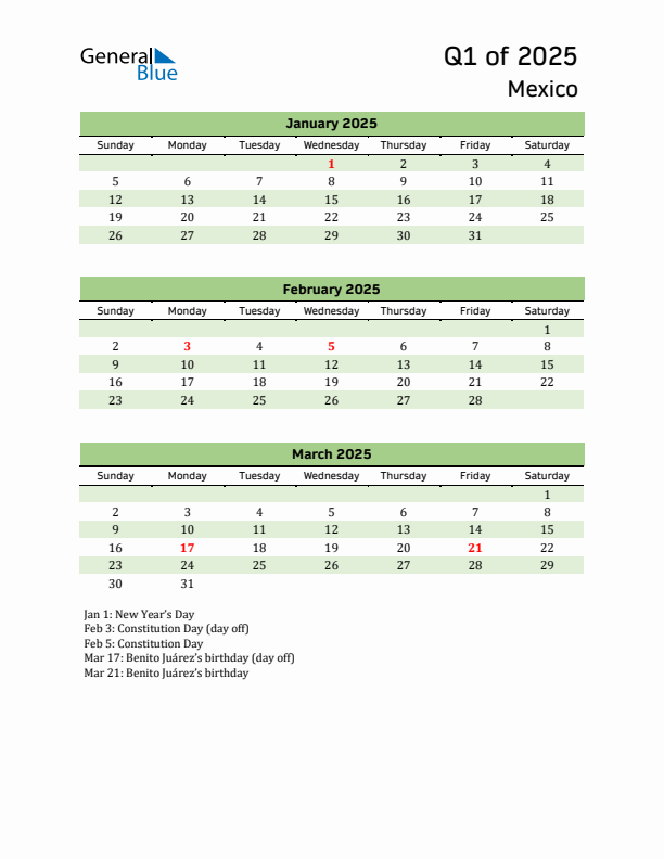 Quarterly Calendar 2025 with Mexico Holidays