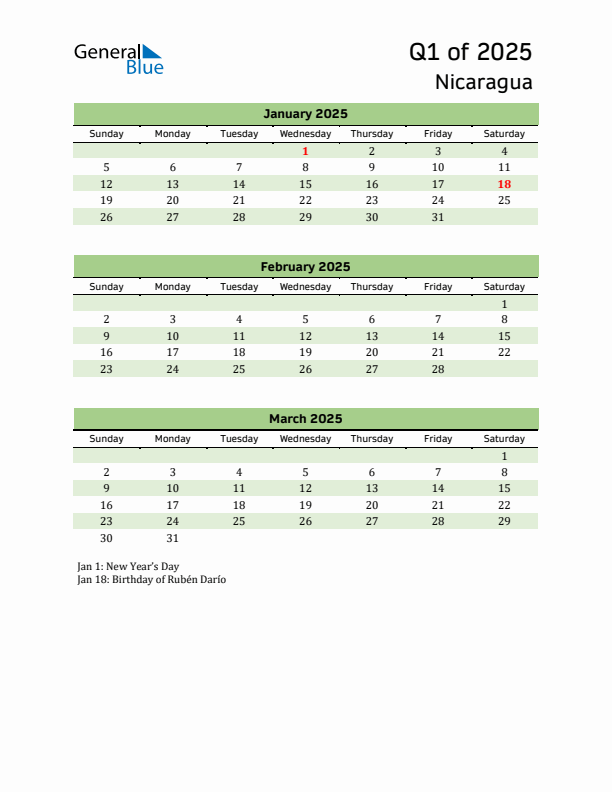 Quarterly Calendar 2025 with Nicaragua Holidays