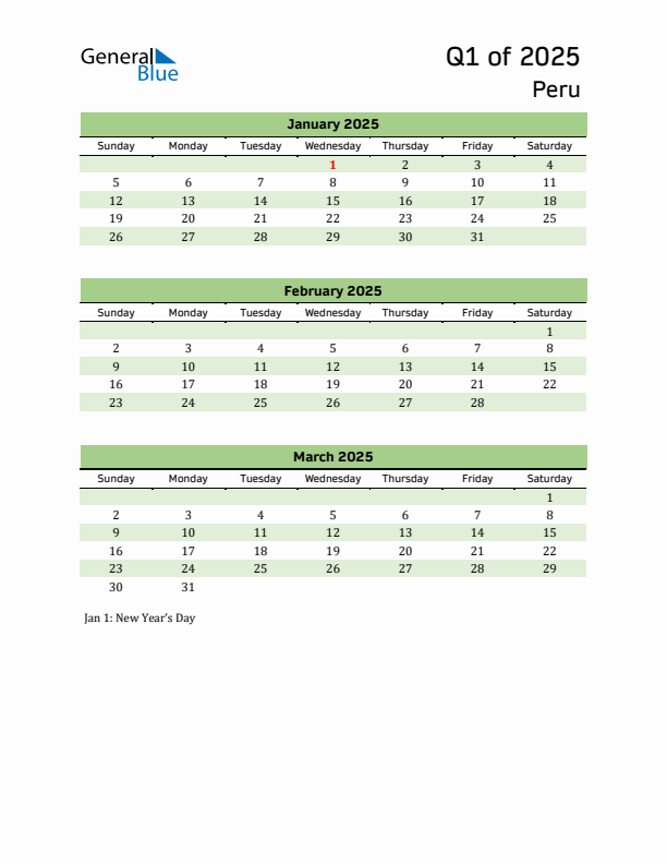 Quarterly Calendar 2025 with Peru Holidays