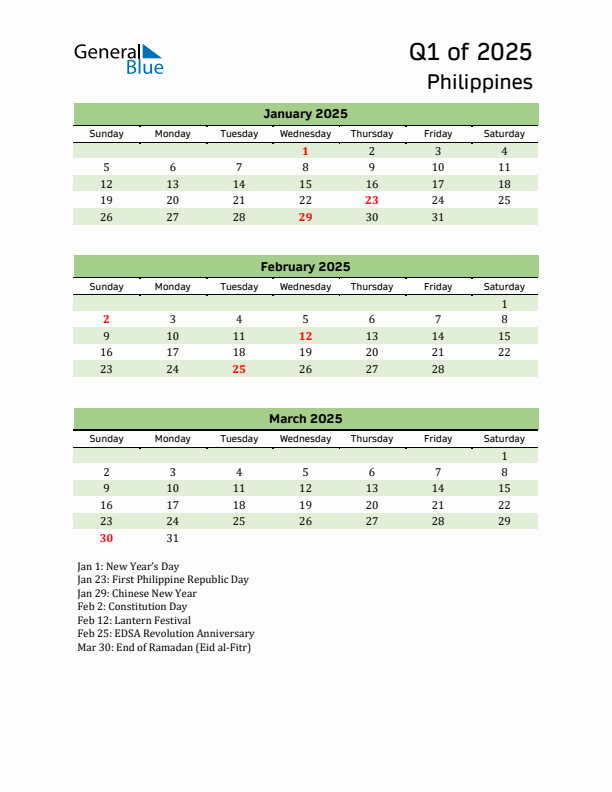 Quarterly Calendar 2025 with Philippines Holidays