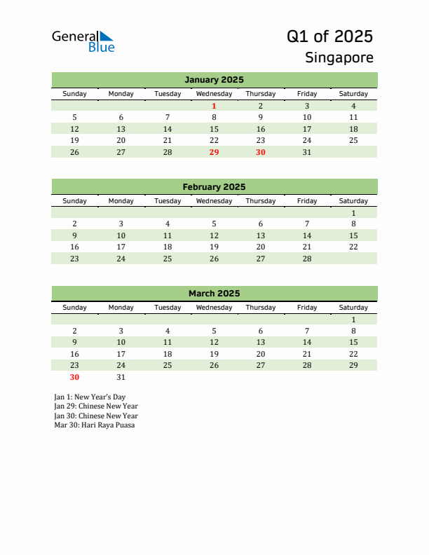 Quarterly Calendar 2025 with Singapore Holidays