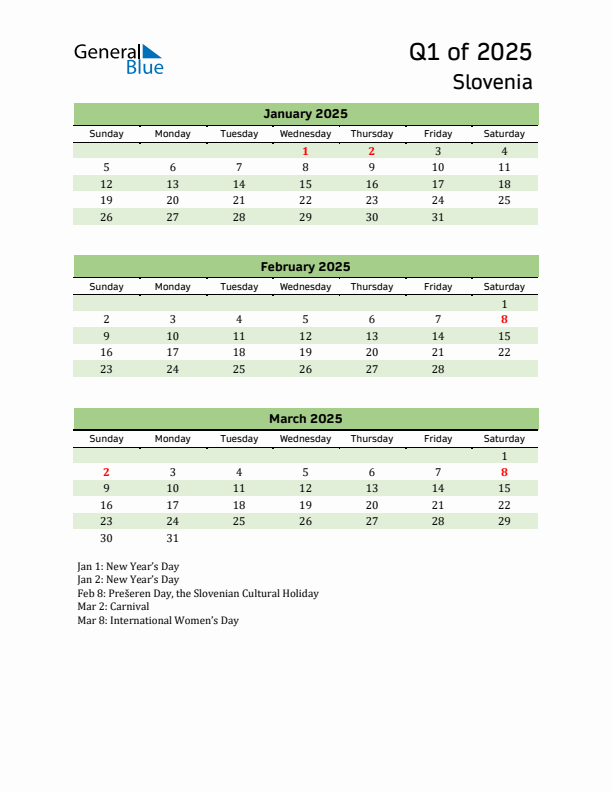 Quarterly Calendar 2025 with Slovenia Holidays