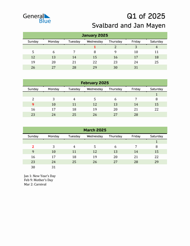 Quarterly Calendar 2025 with Svalbard and Jan Mayen Holidays