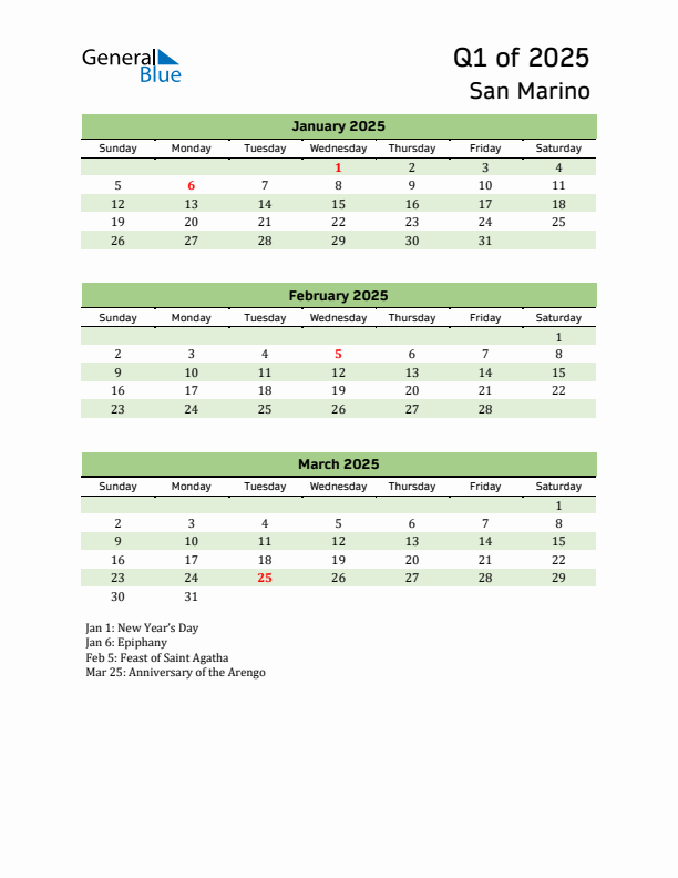 Quarterly Calendar 2025 with San Marino Holidays