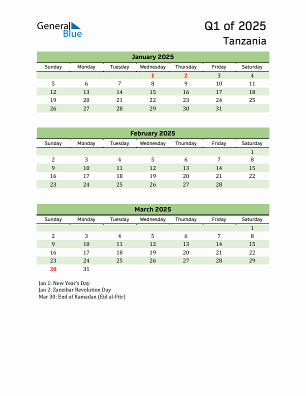 Quarterly Calendar 2025 with Tanzania Holidays