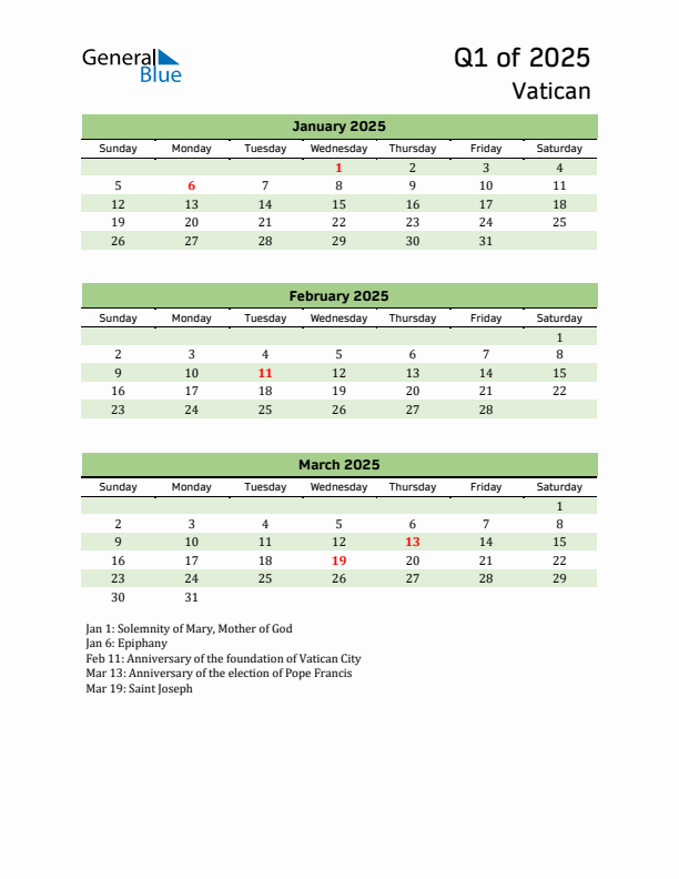 Quarterly Calendar 2025 with Vatican Holidays