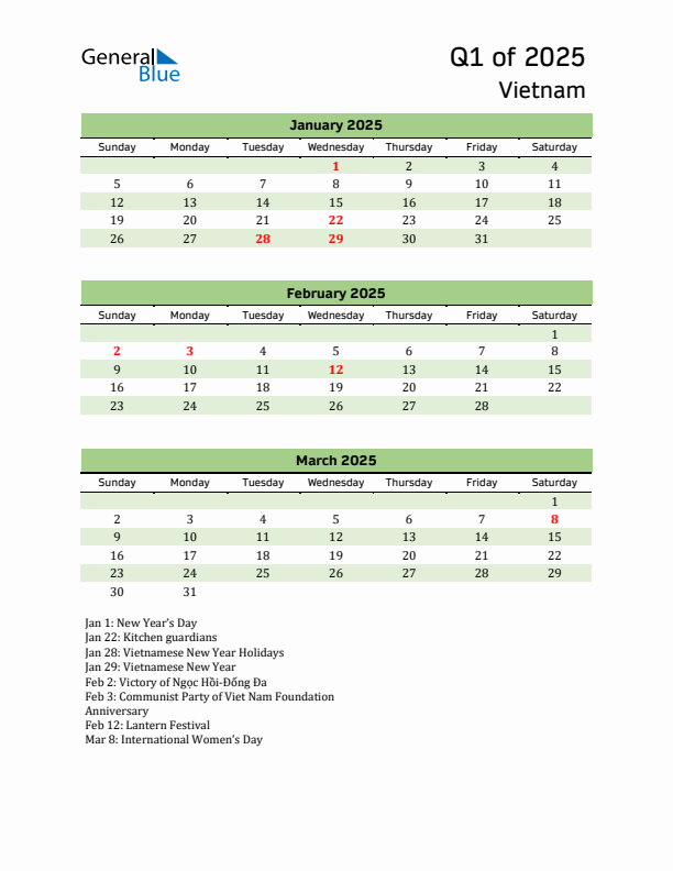 Quarterly Calendar 2025 with Vietnam Holidays