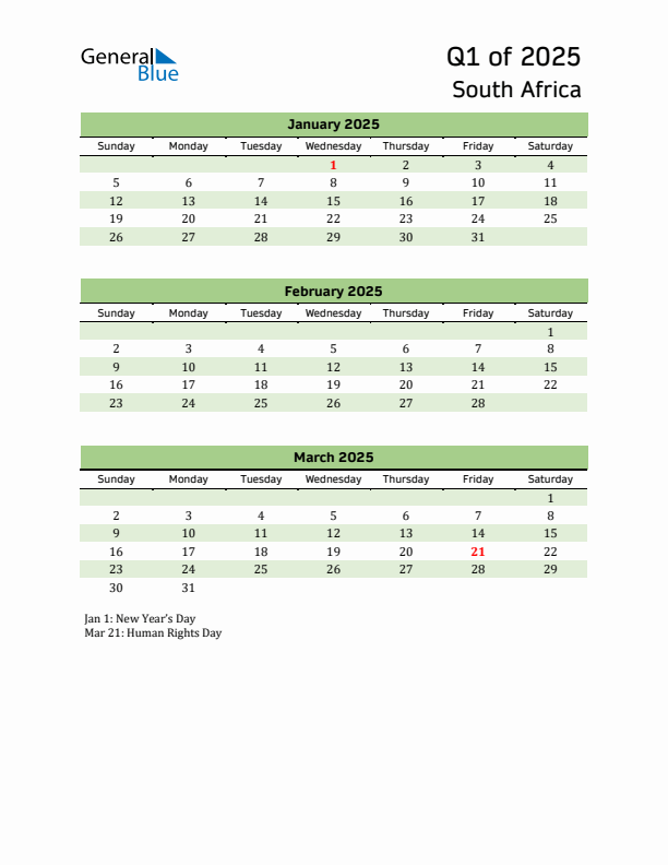 Quarterly Calendar 2025 with South Africa Holidays