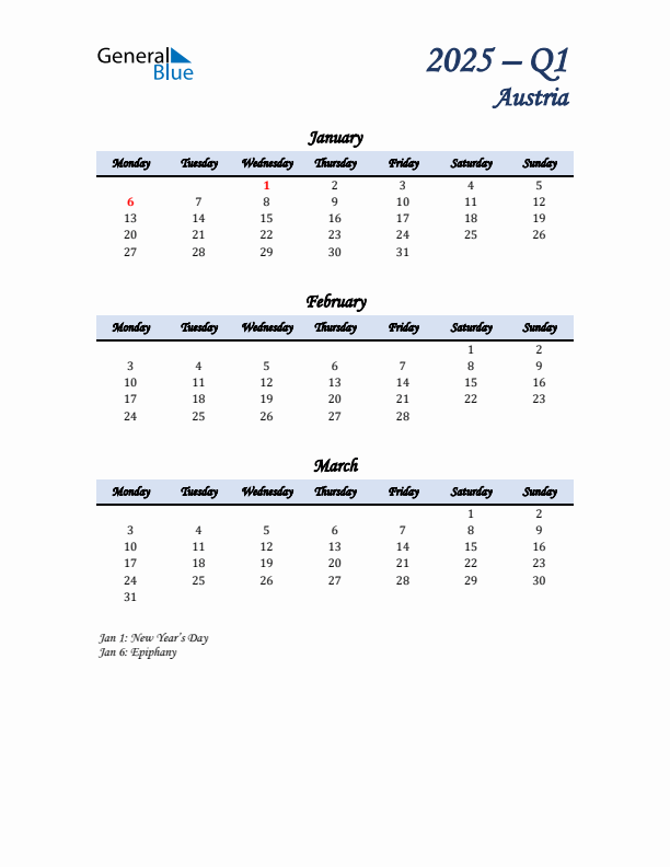 January, February, and March Calendar for Austria with Monday Start