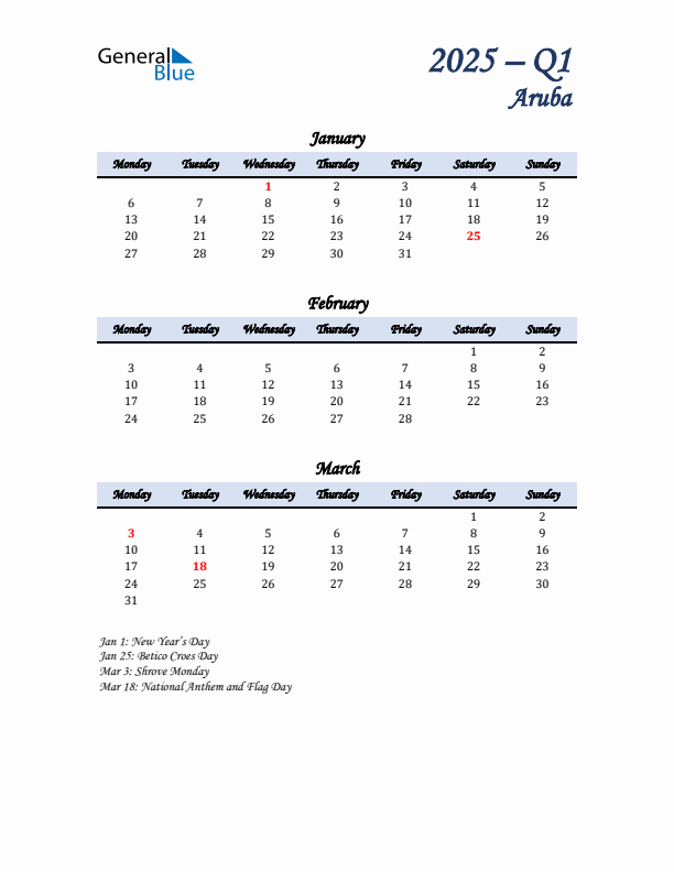 January, February, and March Calendar for Aruba with Monday Start