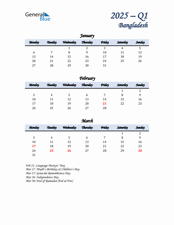 January, February, and March Calendar for Bangladesh with Monday Start