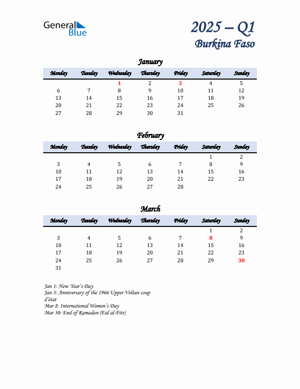 January, February, and March Calendar for Burkina Faso with Monday Start