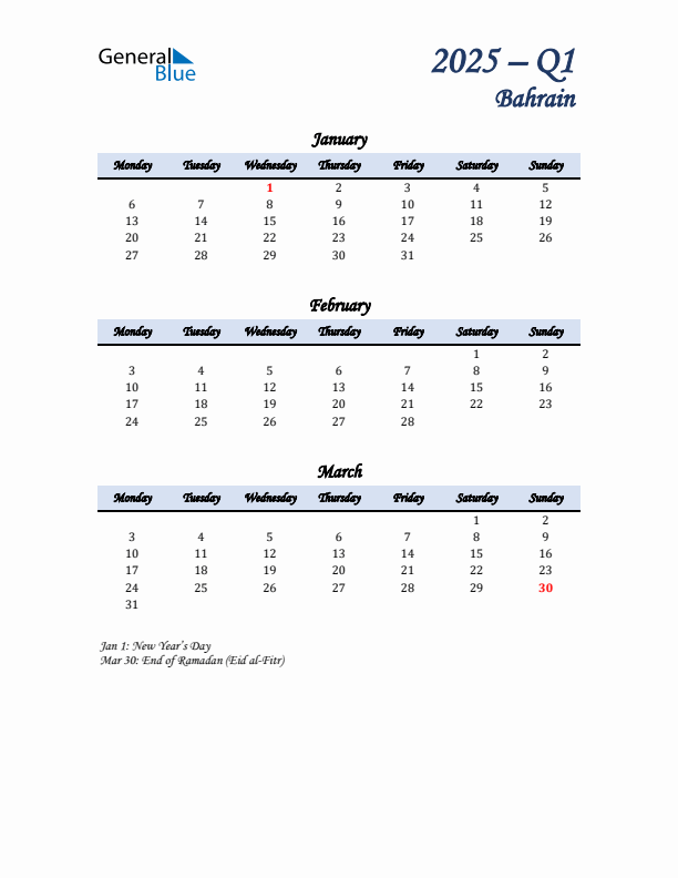 January, February, and March Calendar for Bahrain with Monday Start