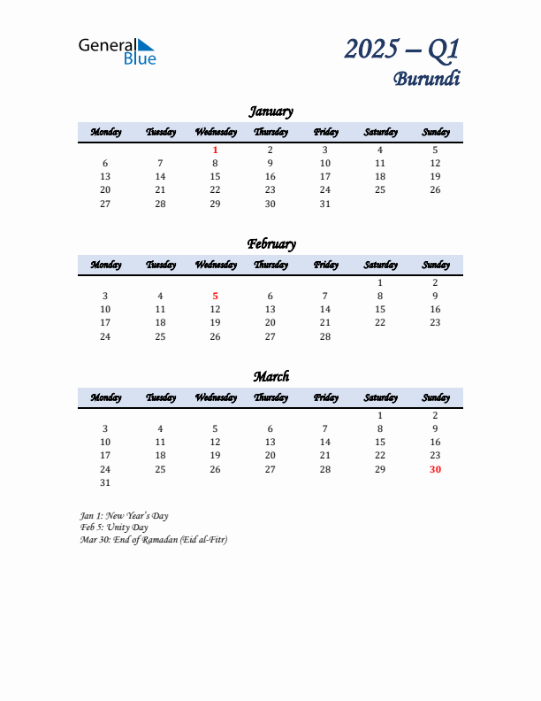 January, February, and March Calendar for Burundi with Monday Start