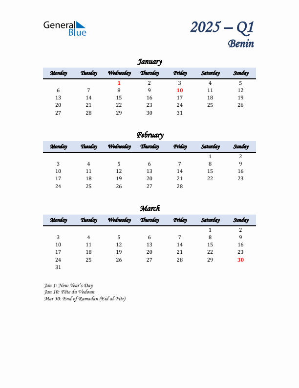 January, February, and March Calendar for Benin with Monday Start