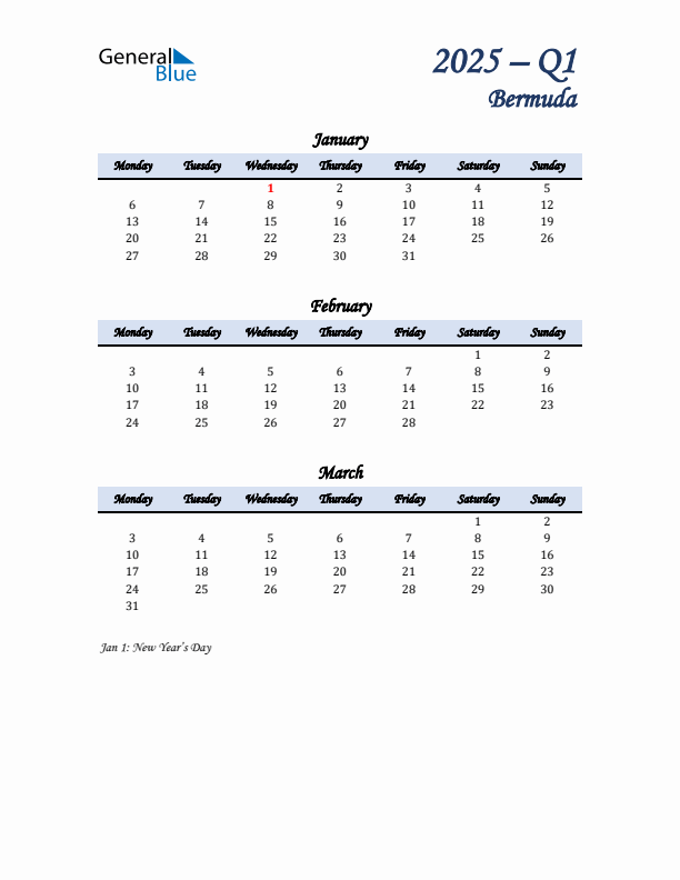 January, February, and March Calendar for Bermuda with Monday Start