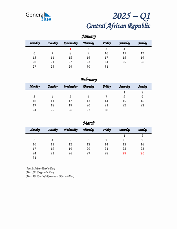 January, February, and March Calendar for Central African Republic with Monday Start