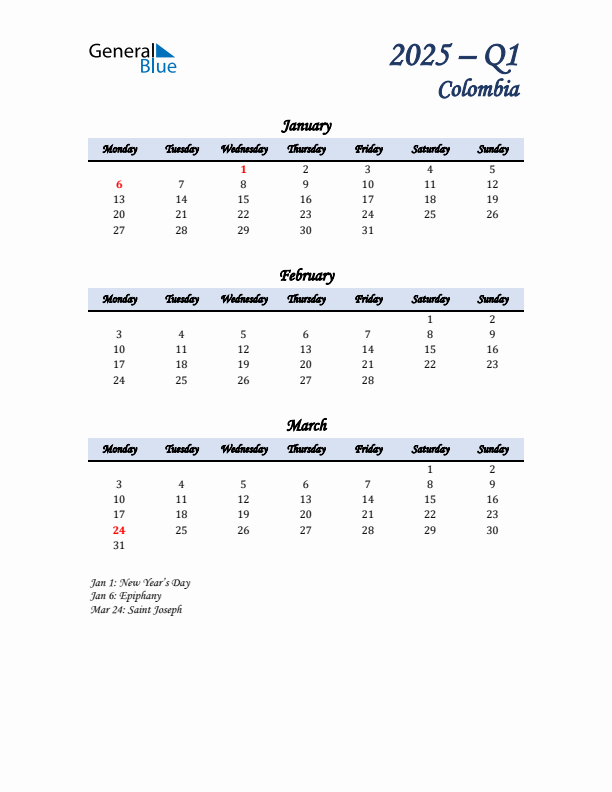 January, February, and March Calendar for Colombia with Monday Start