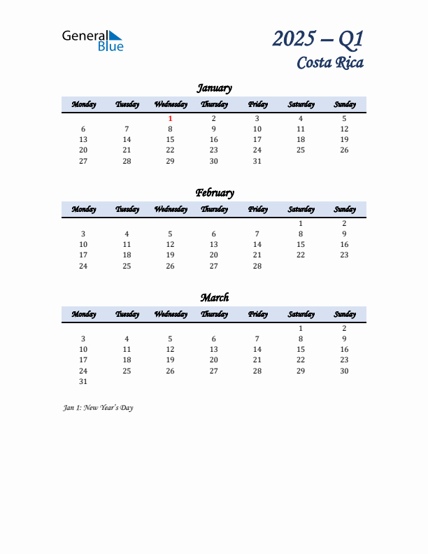 January, February, and March Calendar for Costa Rica with Monday Start