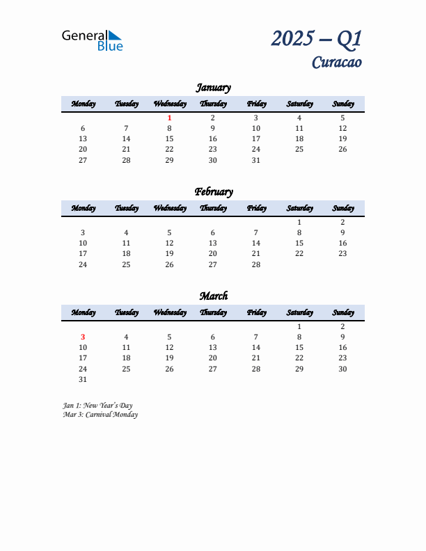 January, February, and March Calendar for Curacao with Monday Start