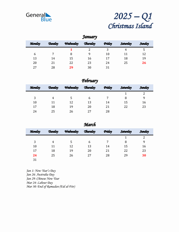 January, February, and March Calendar for Christmas Island with Monday Start