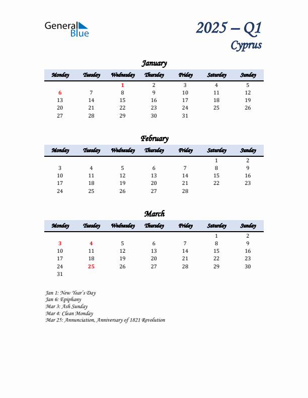 January, February, and March Calendar for Cyprus with Monday Start