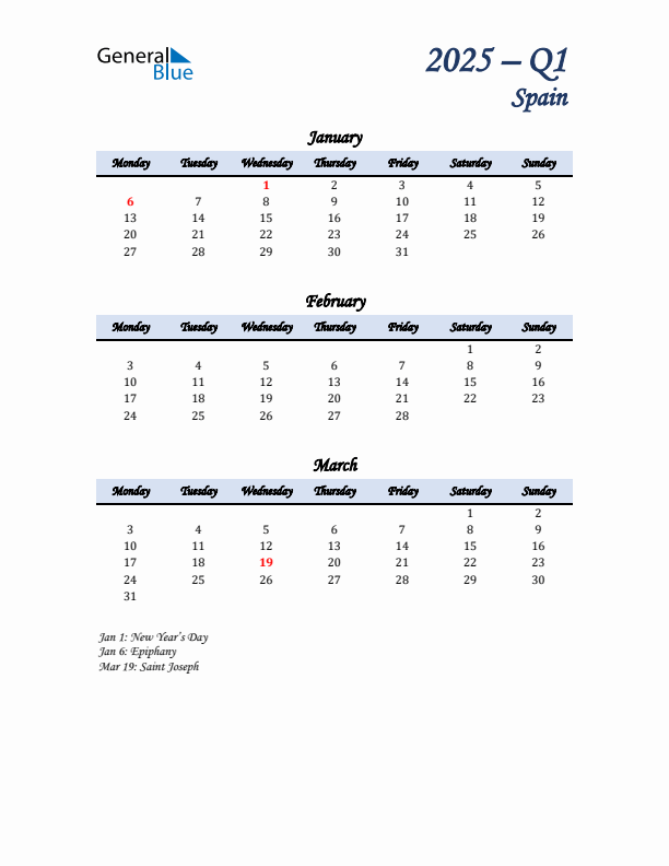 January, February, and March Calendar for Spain with Monday Start