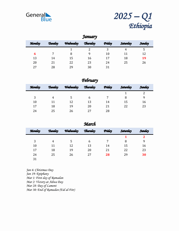 January, February, and March Calendar for Ethiopia with Monday Start