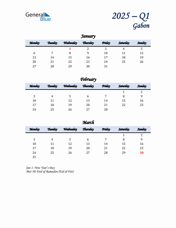 January, February, and March Calendar for Gabon with Monday Start