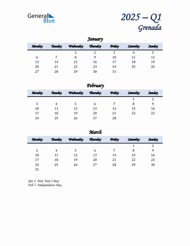 January, February, and March Calendar for Grenada with Monday Start