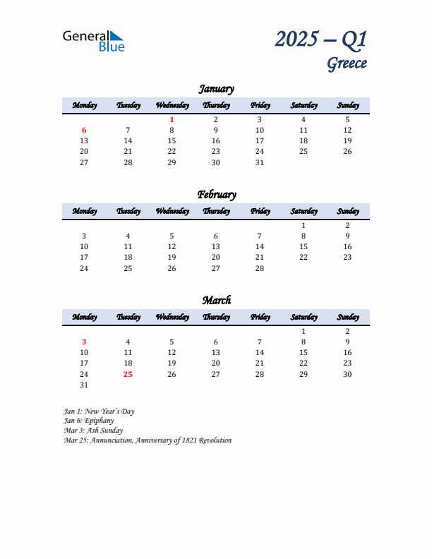 January, February, and March Calendar for Greece with Monday Start