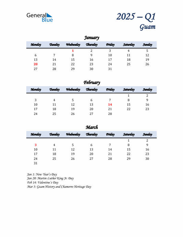 January, February, and March Calendar for Guam with Monday Start