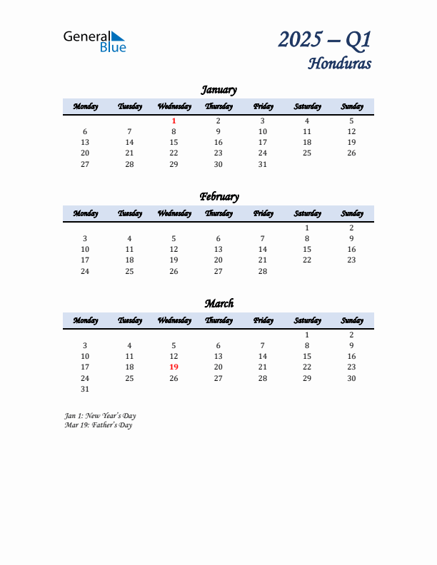 January, February, and March Calendar for Honduras with Monday Start