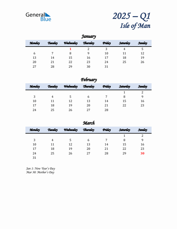 January, February, and March Calendar for Isle of Man with Monday Start