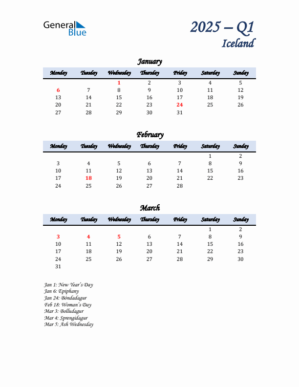 January, February, and March Calendar for Iceland with Monday Start