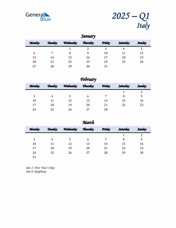 January, February, and March Calendar for Italy with Monday Start