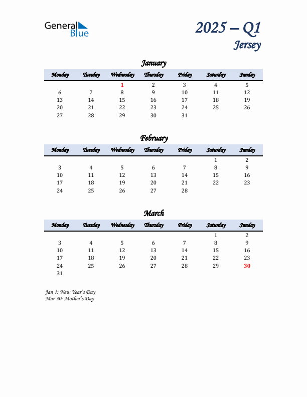 January, February, and March Calendar for Jersey with Monday Start