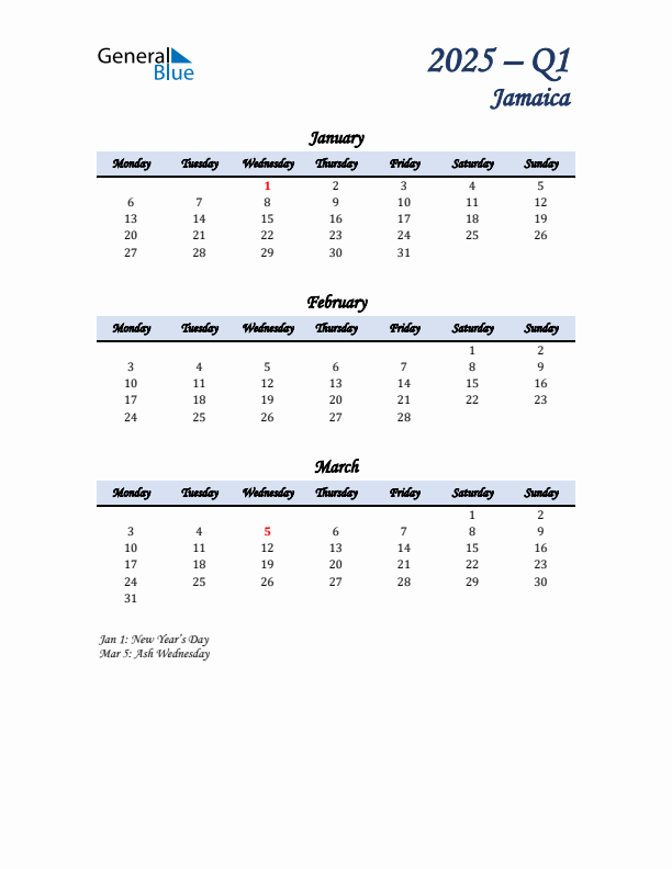 January, February, and March Calendar for Jamaica with Monday Start