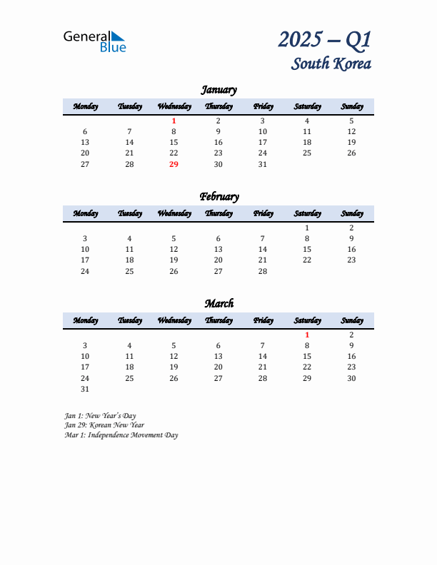 January, February, and March Calendar for South Korea with Monday Start