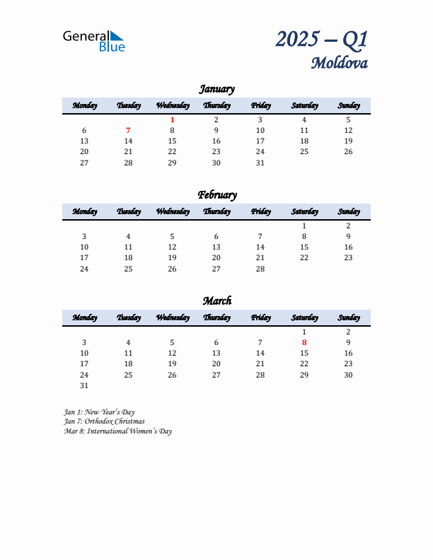 January, February, and March Calendar for Moldova with Monday Start