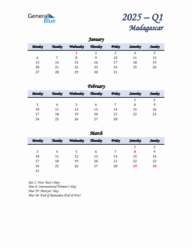 January, February, and March Calendar for Madagascar with Monday Start