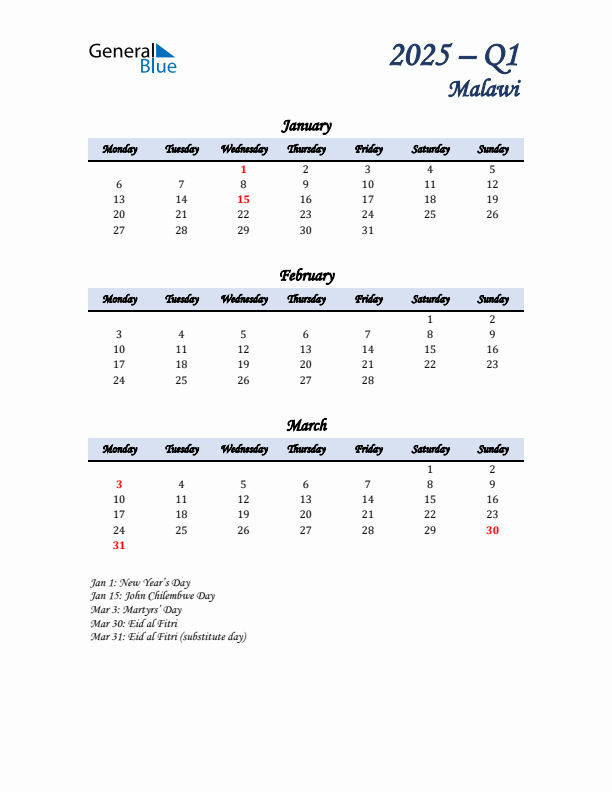 January, February, and March Calendar for Malawi with Monday Start