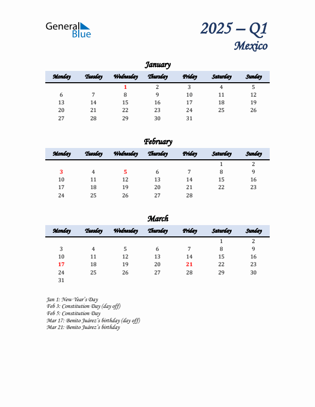 January, February, and March Calendar for Mexico with Monday Start