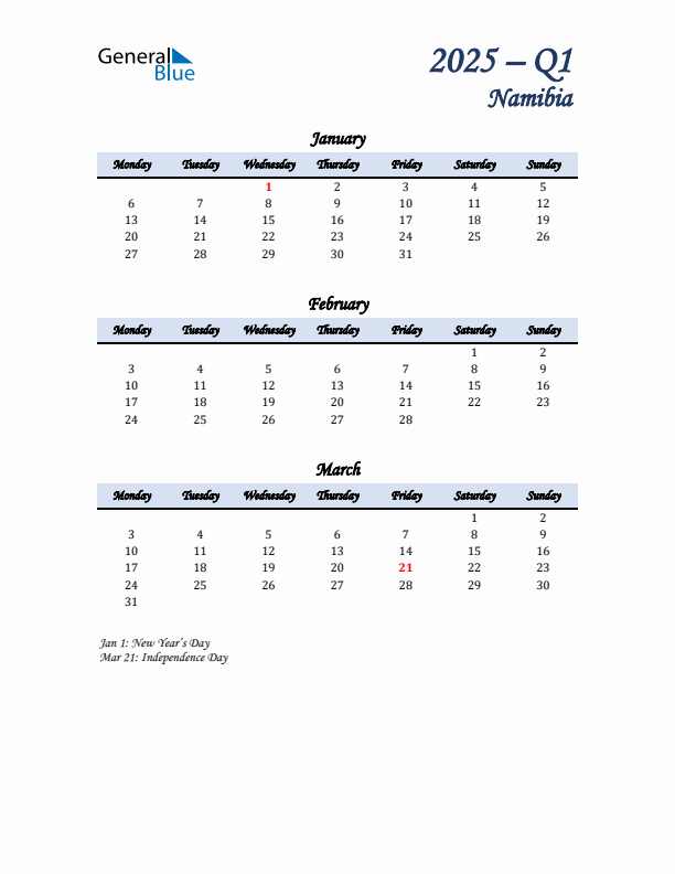 January, February, and March Calendar for Namibia with Monday Start