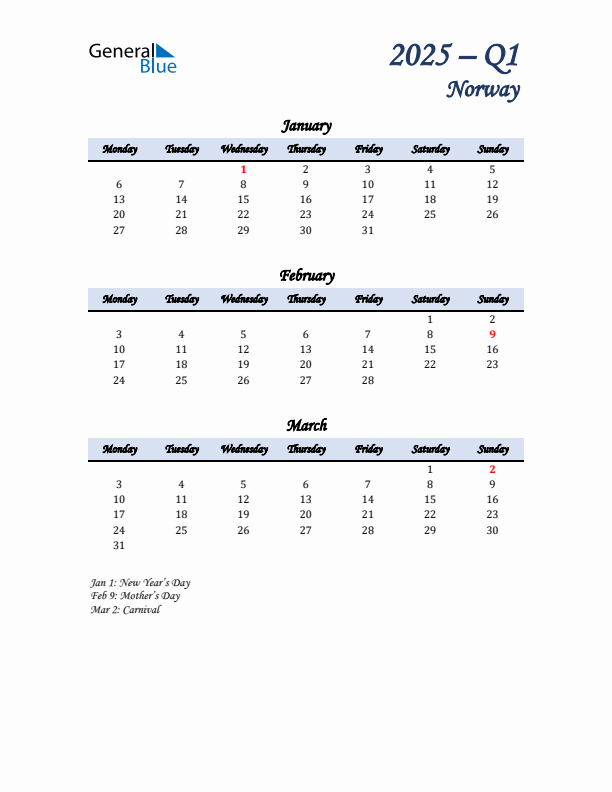 January, February, and March Calendar for Norway with Monday Start