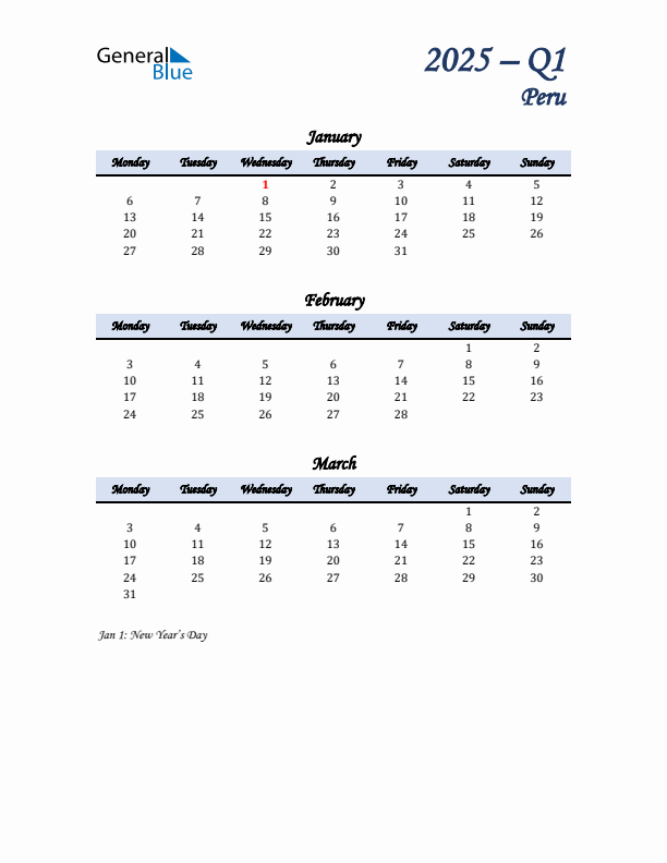 January, February, and March Calendar for Peru with Monday Start