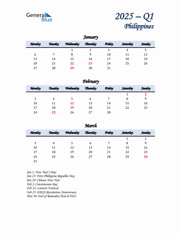 January, February, and March Calendar for Philippines with Monday Start