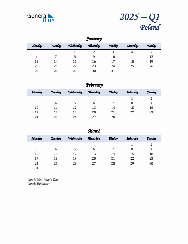 January, February, and March Calendar for Poland with Monday Start