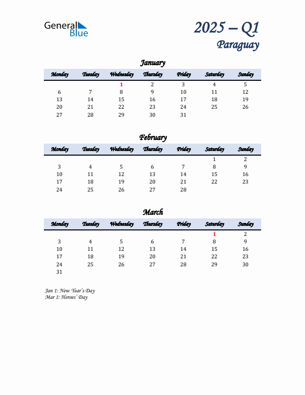 January, February, and March Calendar for Paraguay with Monday Start