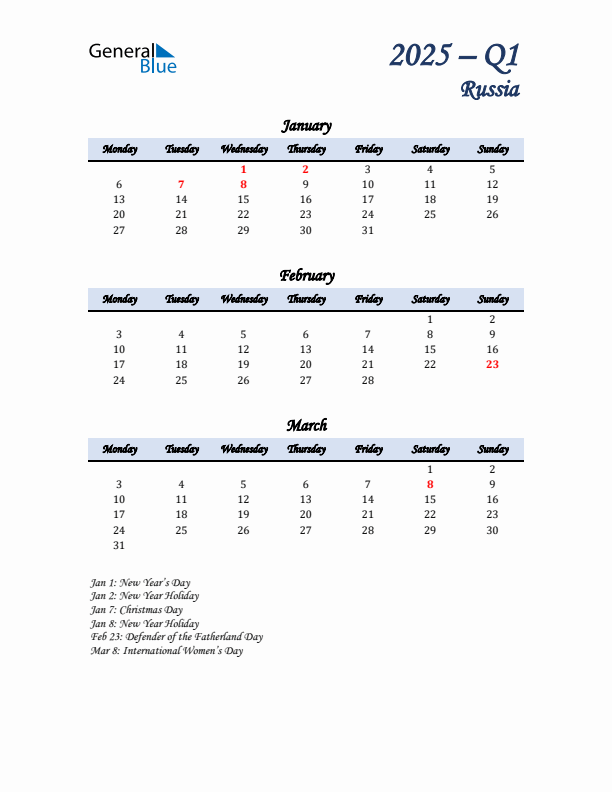 January, February, and March Calendar for Russia with Monday Start